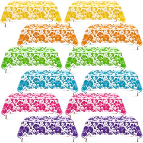 Image of Nitial 12 Pcs Hawaiian Hibiscus Party Tablecloths Plastic Disposable Luau Table Covers for Tropical Luau Bar Party Supplies Summer Beach Pool Birthday Decorations, 108 x 54 Inch