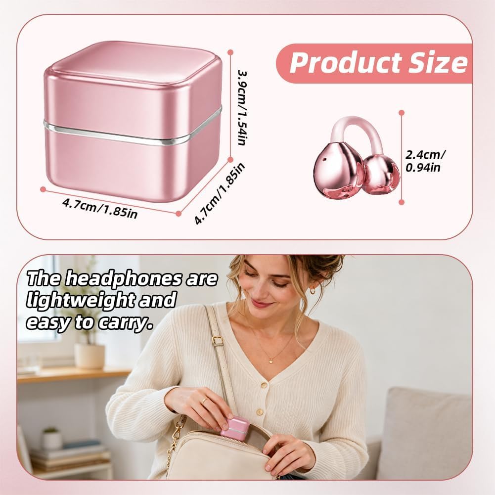 Auricolari Bluetooth a clip con custodia di ricarica e piccolo specchietto per il trucco, Bluetooth 6.0, suono stereo a conduzione ossea, batteria a lunga durata e comfort per tutto il giorno