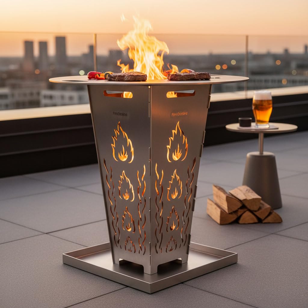 FireDesire Feuerkorb personalisiert 80cm + Grillplatte + Ascheschale, Feuertonne, Feuerschale, Grilltonne, Ofen, Terassenofen, Grillsäule, Grill