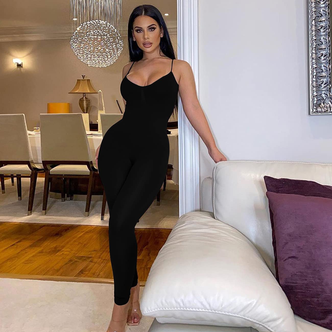 Tuta Intera Donna Spaghetti Aderente Tutina Sexy Elegant Sportiva Jumpsuit Elastica Senza Manica Romper Bodysuit Pantaloni Per Yoga Gym Fitness Esercizio Clubwear