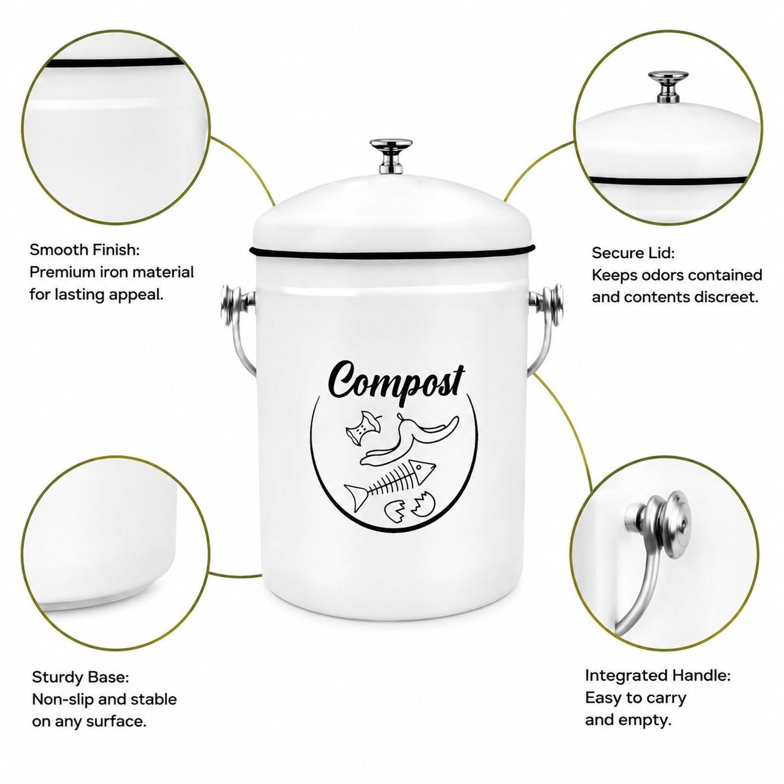 Composteur comptoir, seau à compost d'intérieur avec poignées, 5 L, indispensable en cuisine, seau robuste pour déchets alimentaires avec
