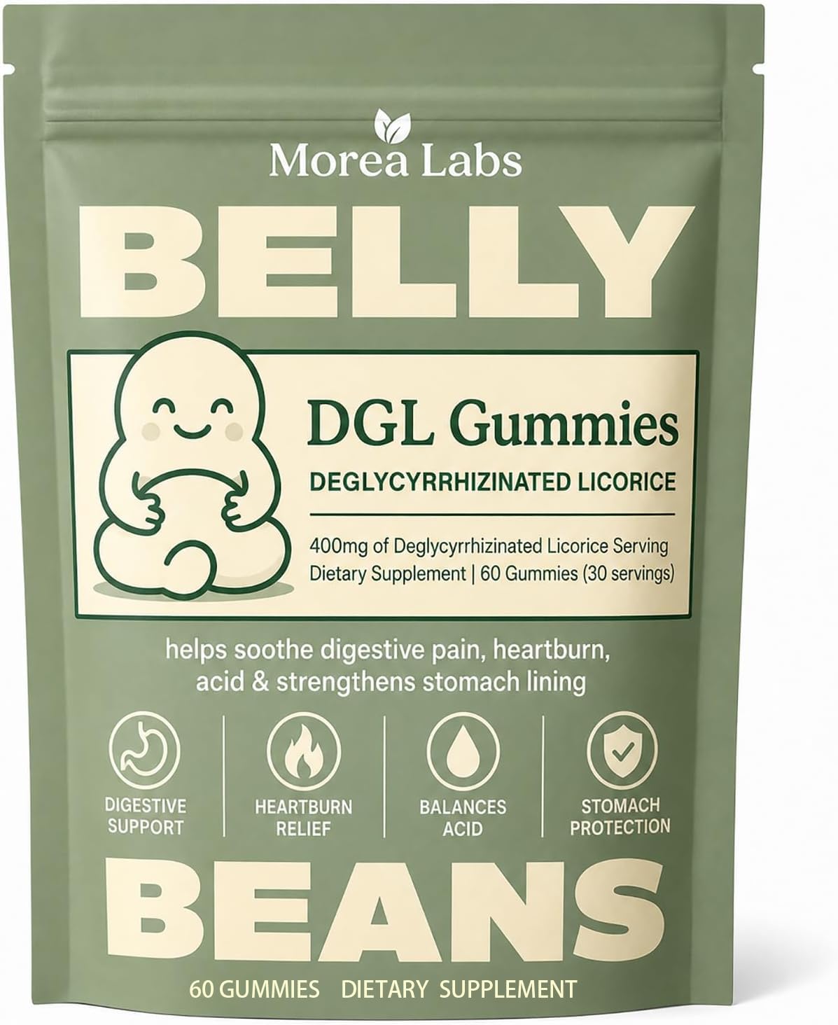 DGL Gummies, Belly Beans DGL Gummies, 400mg Deglycyrrhizinated Licorice Root Extract, Digestive Comfort Support, No Gluten, 60Gummies