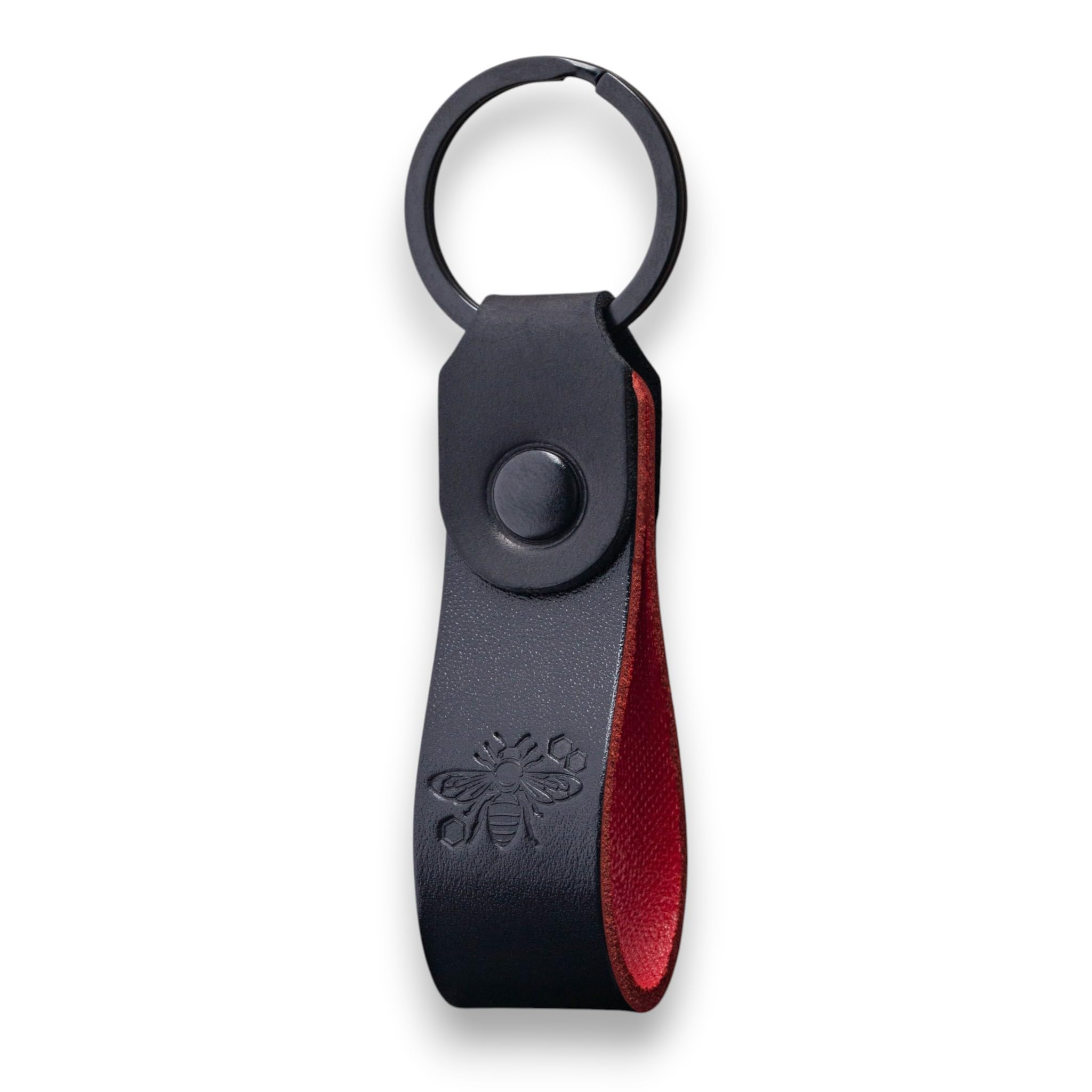 MAGOR Compact Leather Keyring for Men & Women, Personalised Black Full Grain Leather Keychain with Red Interior and Crazy Horse Leather Accent,Hot Embossed Design,Gift for Him Her Mum Dad (Honey Bee)