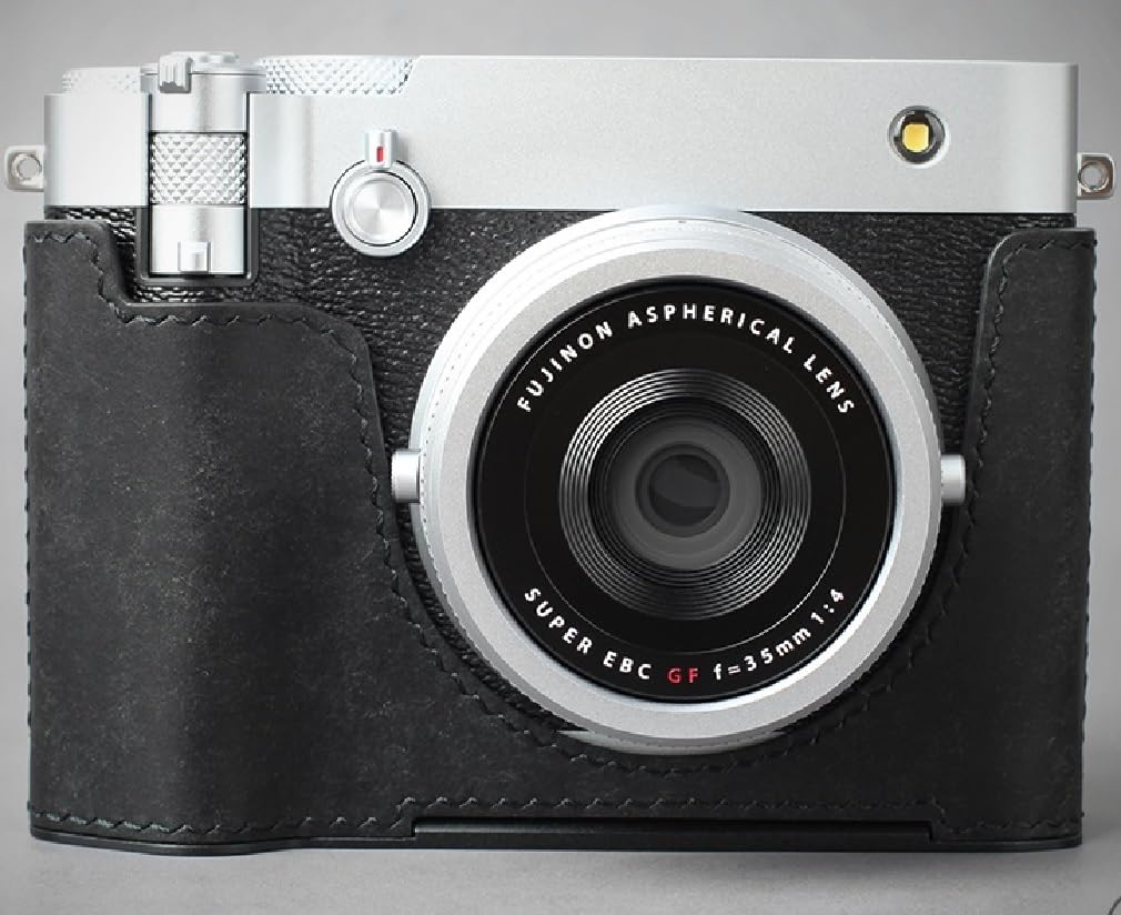 LIM'S Genuine Italy Leather Camera Half Case Dovetail Plate Handmade for Fuji Fujifilm GFX100RF Case [All Black]