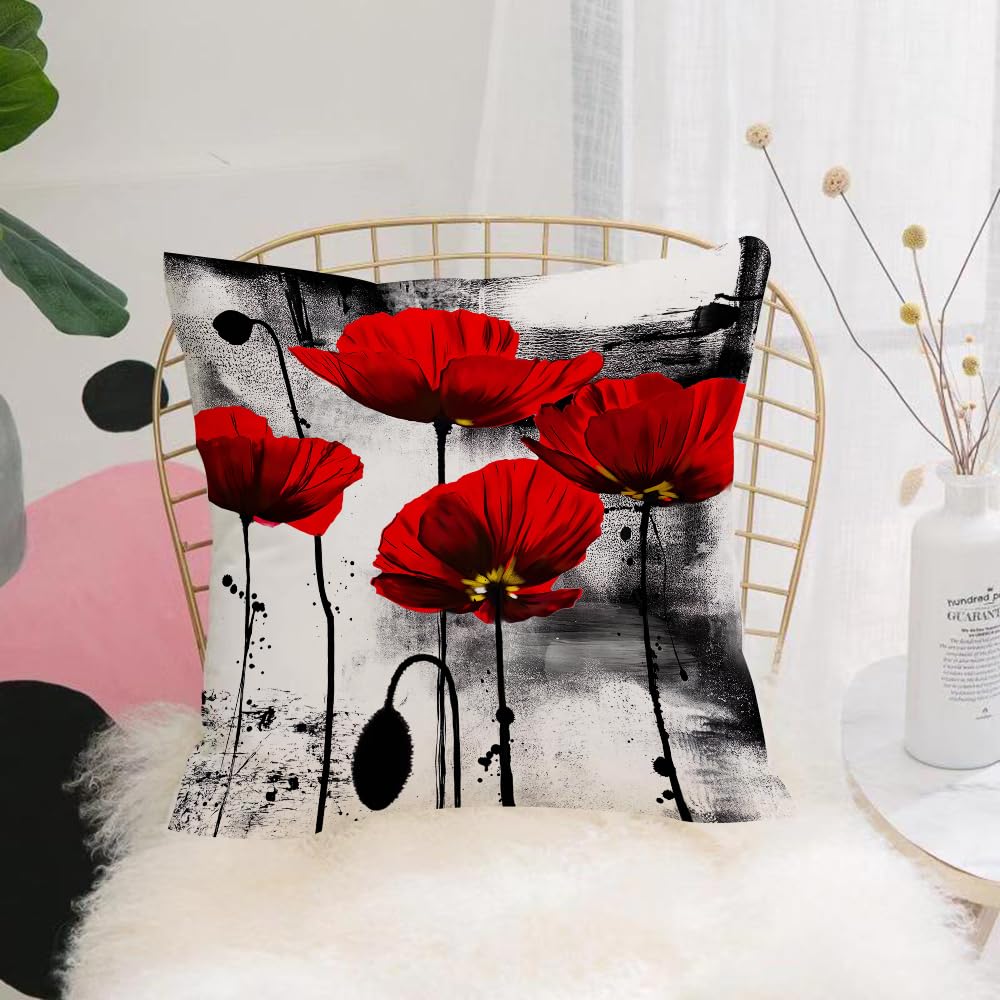Hyosxw Red Poppy Art, Red Poppy Flowers With Strong - A4 Cushion Cover,Throw Pillow Case Home Decorative For Living Room Bedroom Sofa Chair 18X18 Inch,Red Poppy Art, Red Poppy Flowers With Strong Colors Stand Out On White Backgrou,Pillowcase 45X45cm