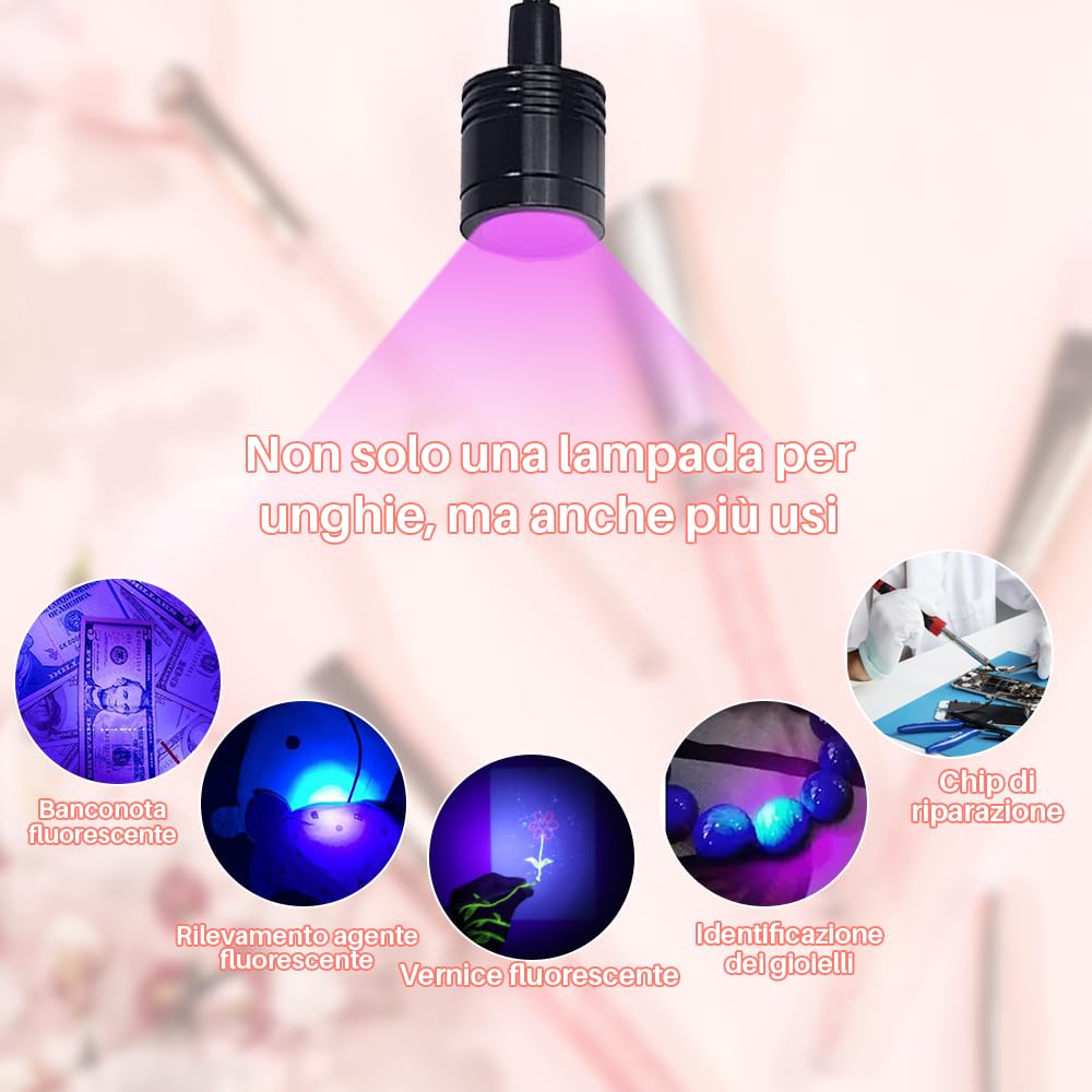 Lampada Unghie LED UV Professionale,5W Lampada a LED UV per Manicure,Mini Lampada UV professionale per Asciugatura Unghie a Clip,Lampada UV per Colla,Unghie Finte,Gel Ricostruzione Unghie