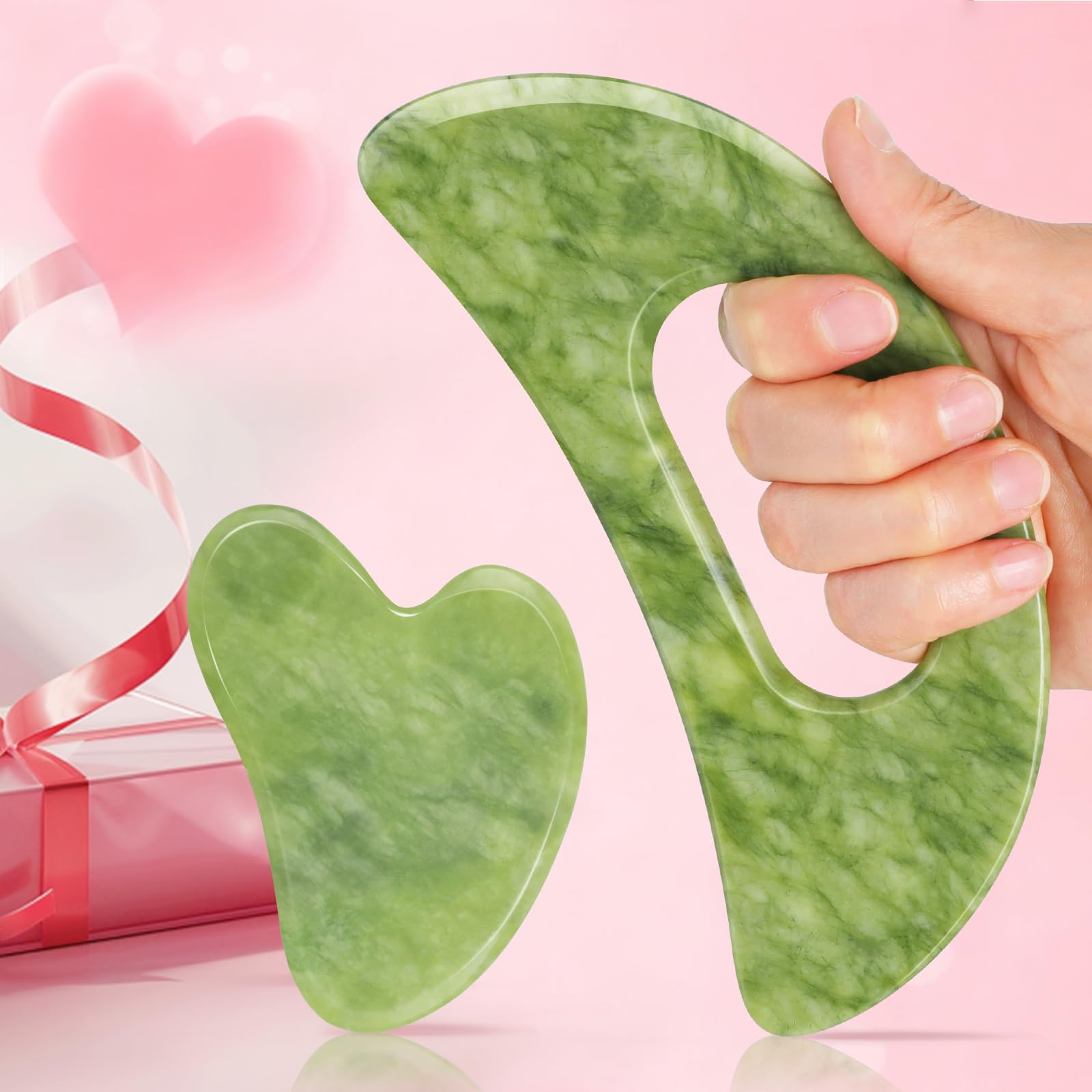 Jade Stone Gua Sha Massage Tool Set Larger Guasha Board with Handle Muscle Scraping Massage Tools Facial Anti Cellulite Spa Acupuncture Tools for Back Neck Face Leg Massage, Lymphatic Drainage