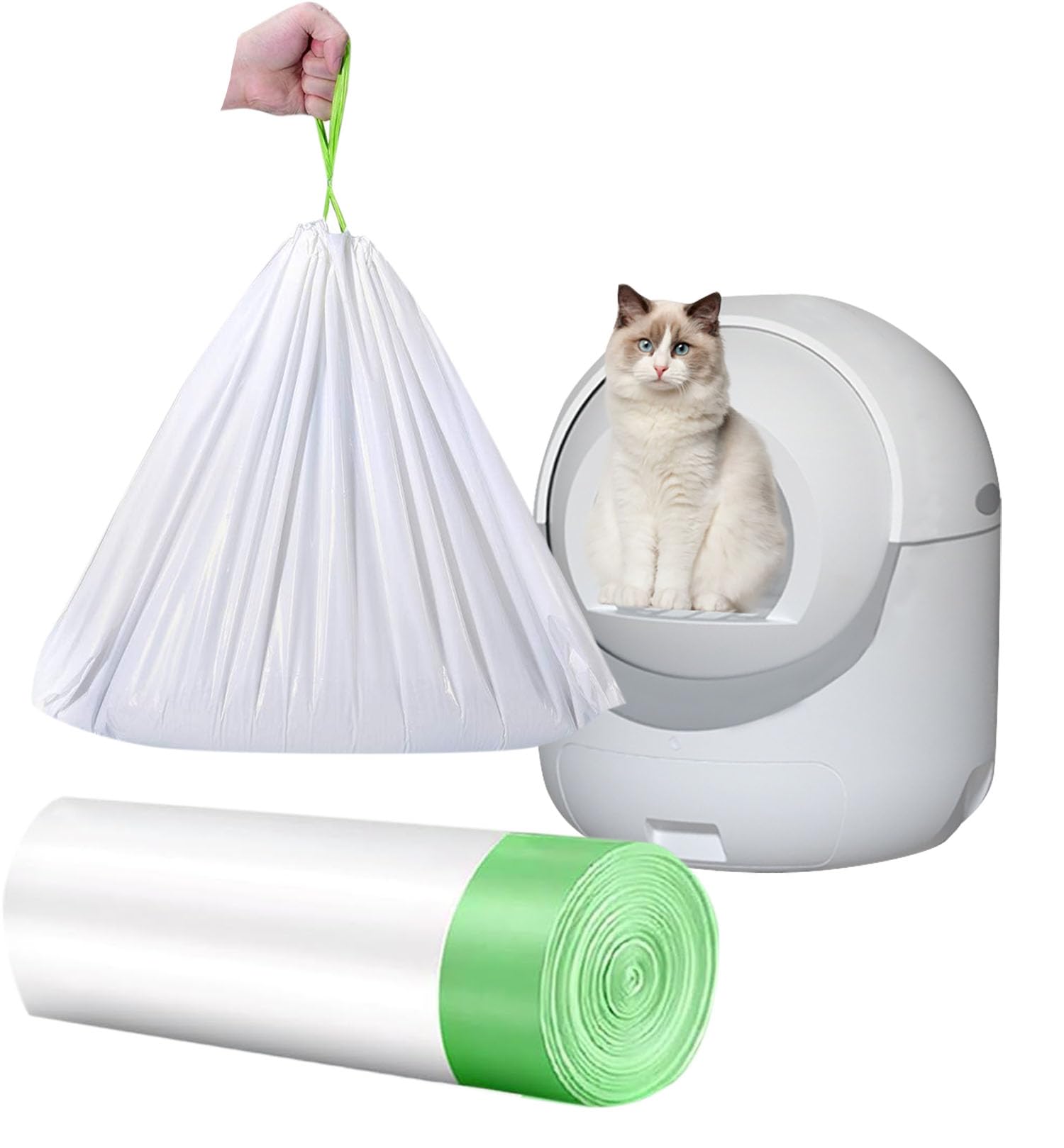 20 Count Cat Drawstring Litter Box Liners 26.6x16.7 inches 2Mils Super Thickfor Self-Cleaning Litter Box Cat Litter Pan Trays (Green Drawstring 20