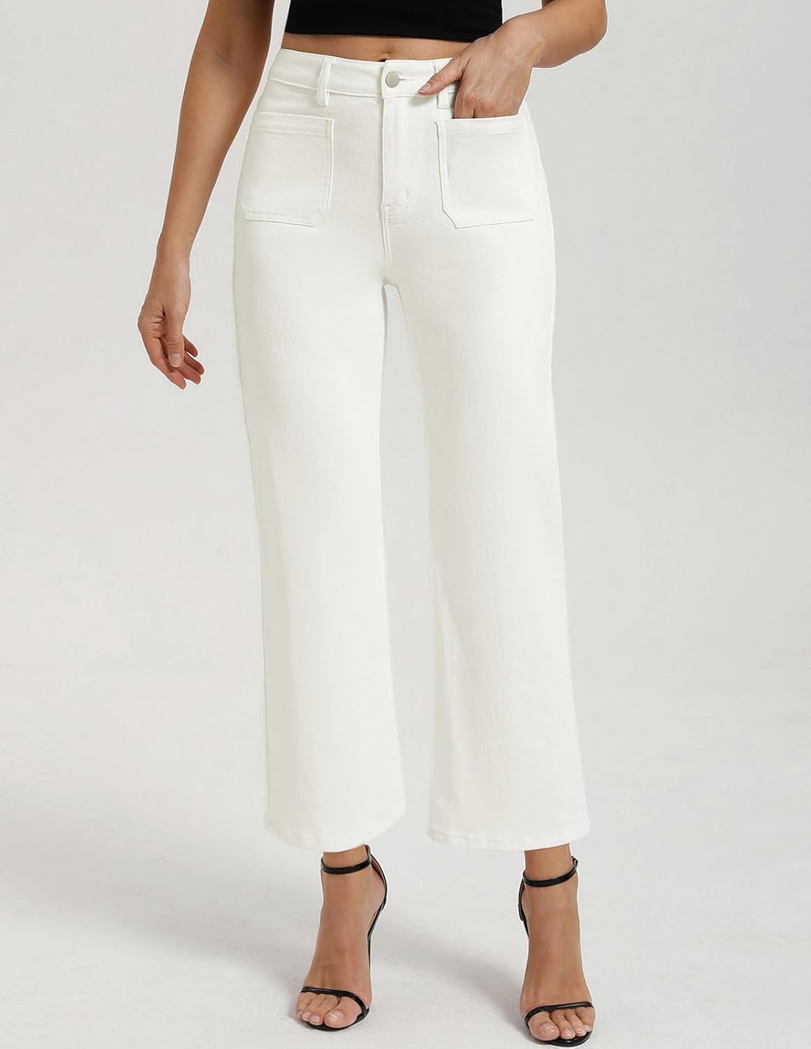 Belle Poque Women Straight Leg Jeans Mid Rise Stretchy Wide Leg Denim Pants with Pockets Front - Image 3