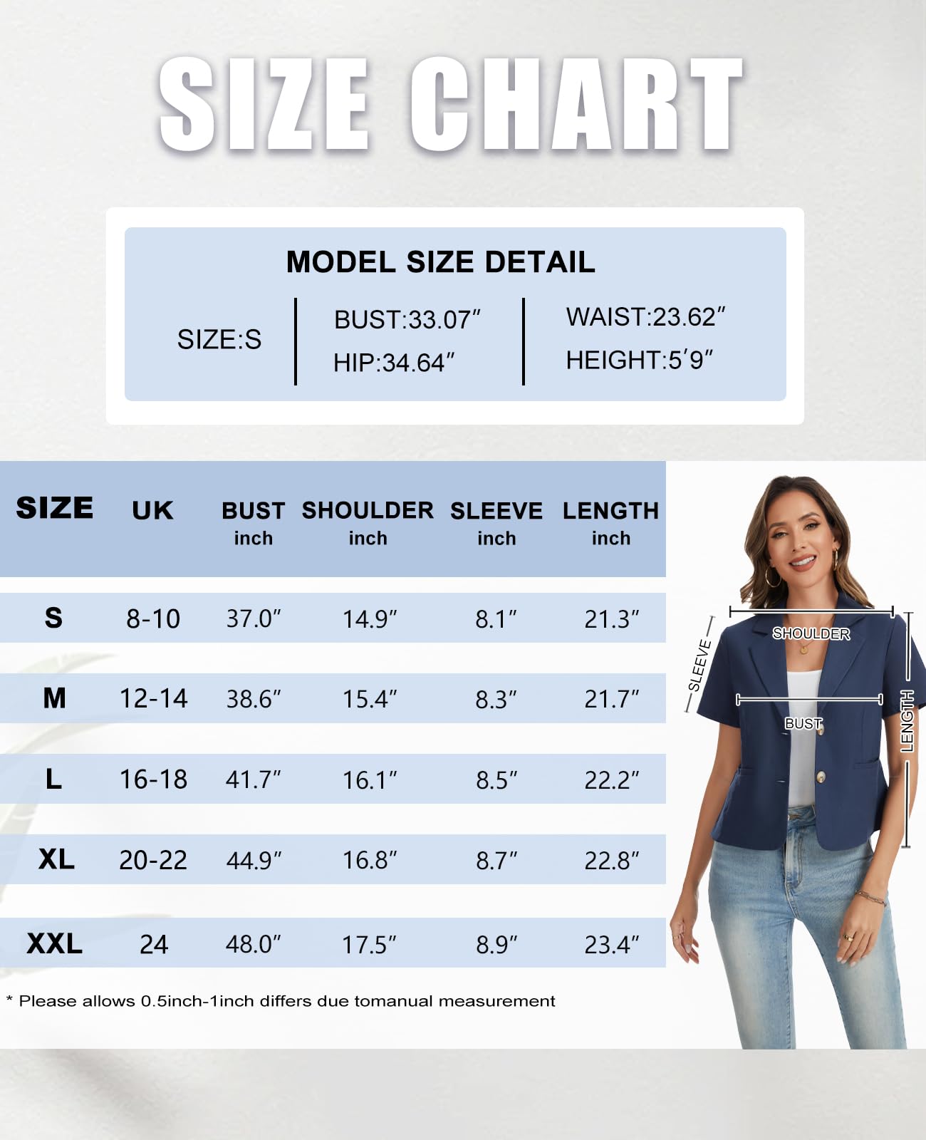Blazer a maniche corte da donna in cotone e lino, elegante, parzialmente foderato, adatto per abbigliamento casual da lavoro, ufficio
