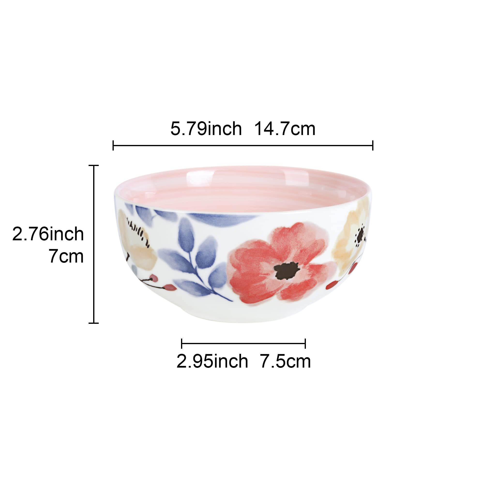 Różowe kwiatowe porcelanowe miski do sałatek, zestaw 4 dużych ceramicznych misek na płatki śniadaniowe, płatki owsiane, parapetówkę, miski prezentowe