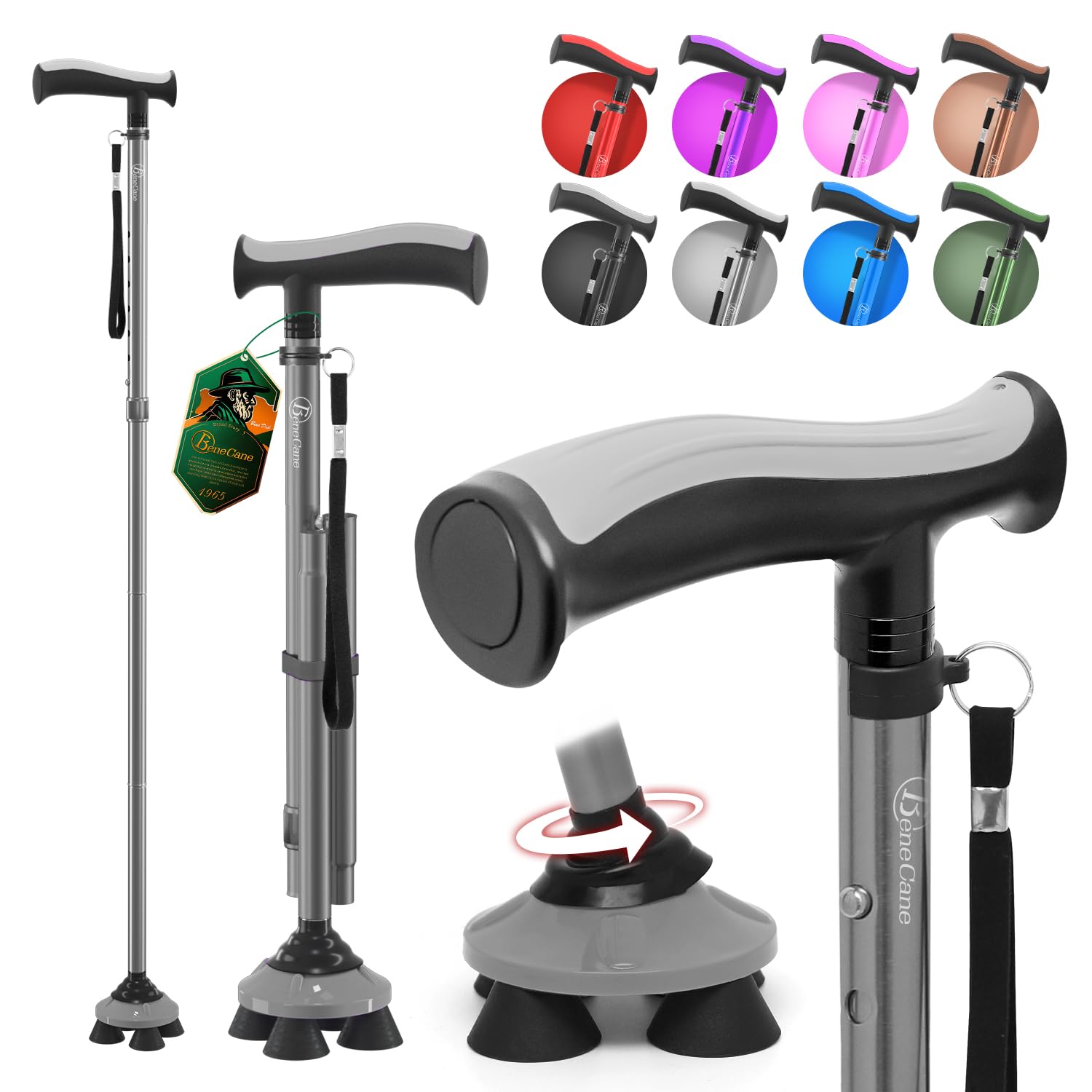 BeneCane Walking Cane for Men &amp; Women Walking Stick for Seniors Folding Canes Quad Cane Adjustable Lightweight Sturdy Collapsible Heavy Duty with Soft TPR T-Handle and Travel Bag