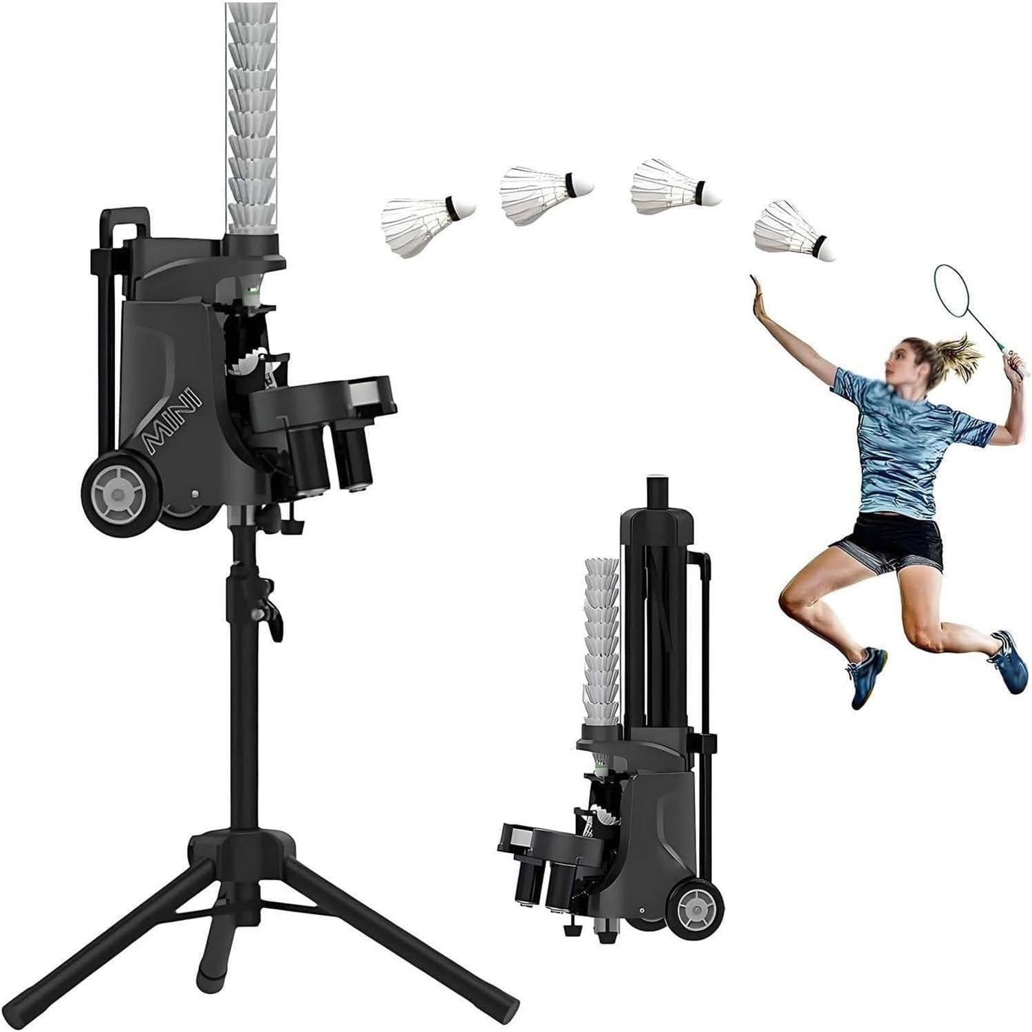 Lanciatore automatico per volano da badminton, alimentatore per palline da allenamento singolo portatile con velocità/frequenza/posizione regolabili per una pratica efficace da soli