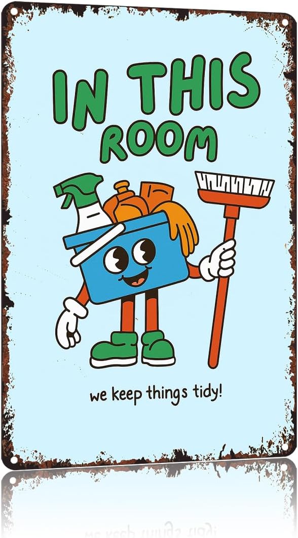 Vintage Aluminum Sign In This Room We Keep Things Tidy, Retro Cartoon Cleaning Wall Decor, 12x8 Inches Metal Sign For Home, Bedroom, Utility Room Decoration, Rustproof Wall Art Plaque