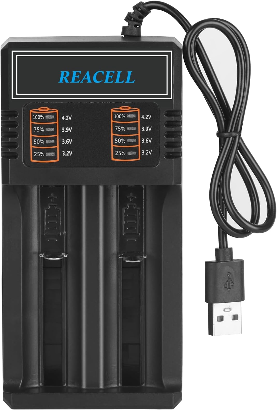 18650 Battery Charger, Universal Fast Dual Charge Battery Charger for 3.7V/3.6V Li-ion Rechargeable Batteries 18650 18500 18490 18350 17670 17500 16340(RCR123) 14500 26650 22650 with USB Cable