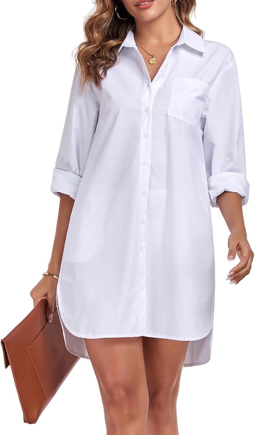 Women's Button Down Shirt Dress with Pockets Oversize Collared Long Sleeve High Low Tunic Dresses Blouse