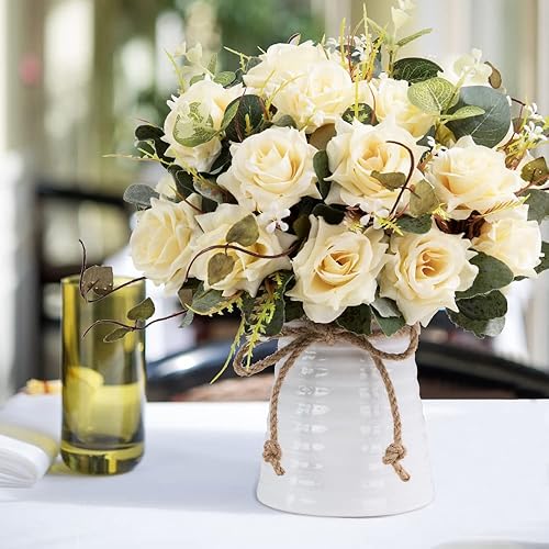 Miniatura 5 de LESING Rosa artificial con jarrón, ramos de flores de seda falsas en jarrón, arreglo de centro de mesa para cocina, sala de estar (champán-1)