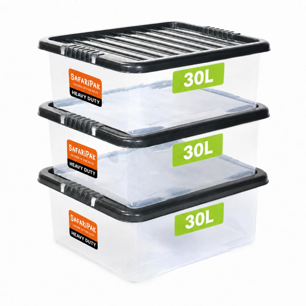 SAFARIPAK 3 x 30 Litre Underbed Clear Plastic Storage Boxes with Lids, Clip-Lock Lid, Sturdy Stackable Space Saving Box, Lidded Containers for Home, Kitchen, Moving, Garage, Office & Organisation