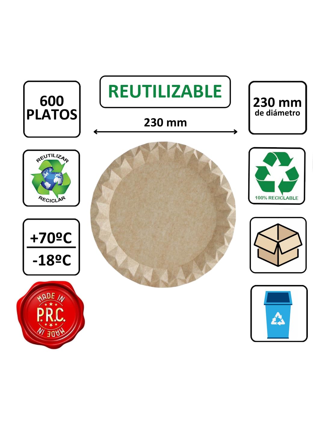 600 uds - Platos llanos redondos 230 mm cartón kraft ecológico - Desechables, reciclables y compostables - Ideal para fiestas, cumpleaños, bares, restaurantes, eventos, catering