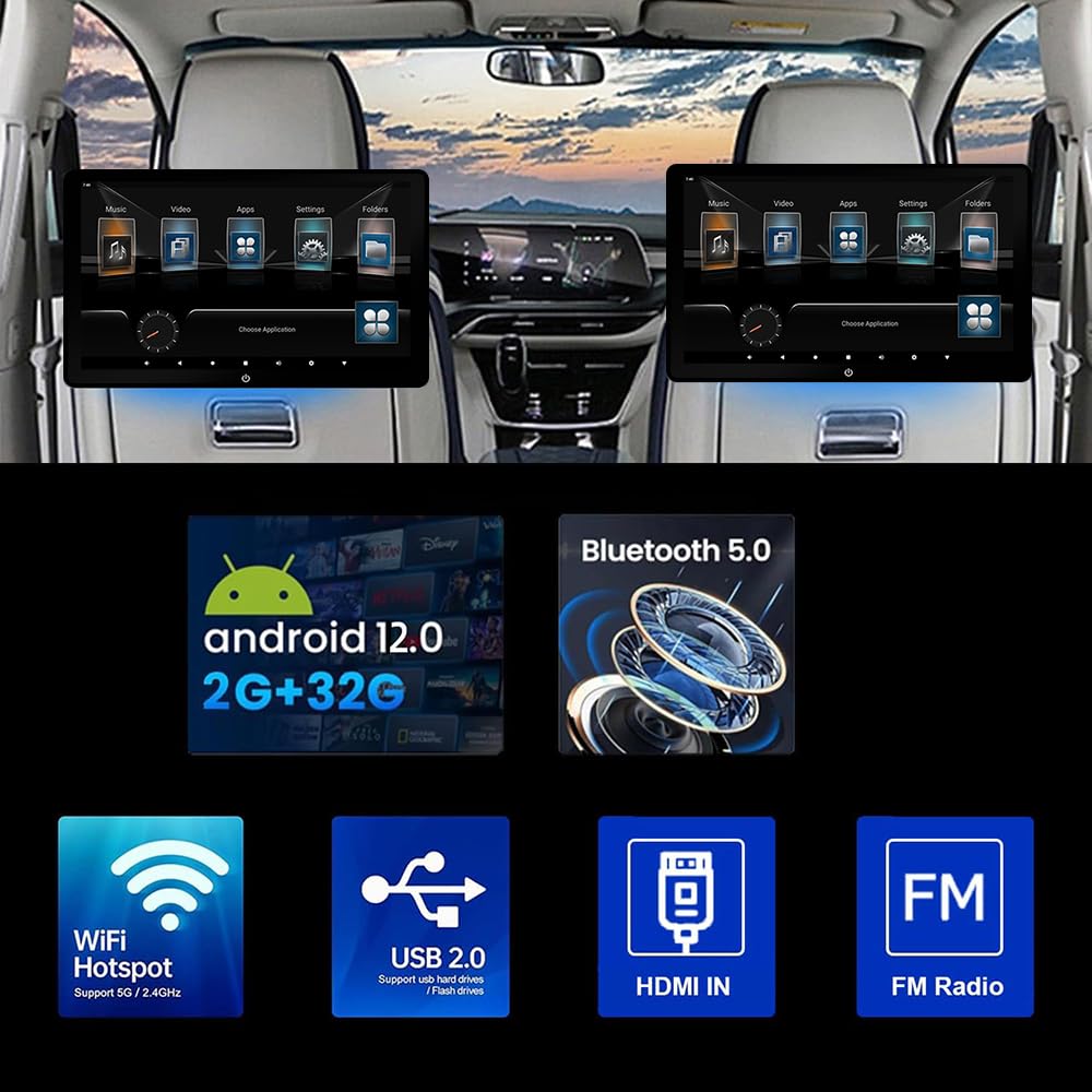 Przenośny monitor telewizyjny z systemem Android 12 10,1 cala na tylne siedzenie, tablet z ekranem dotykowym Wi-Fi, obsługa sterowania telefonem przez Bluetooth/USB/AV