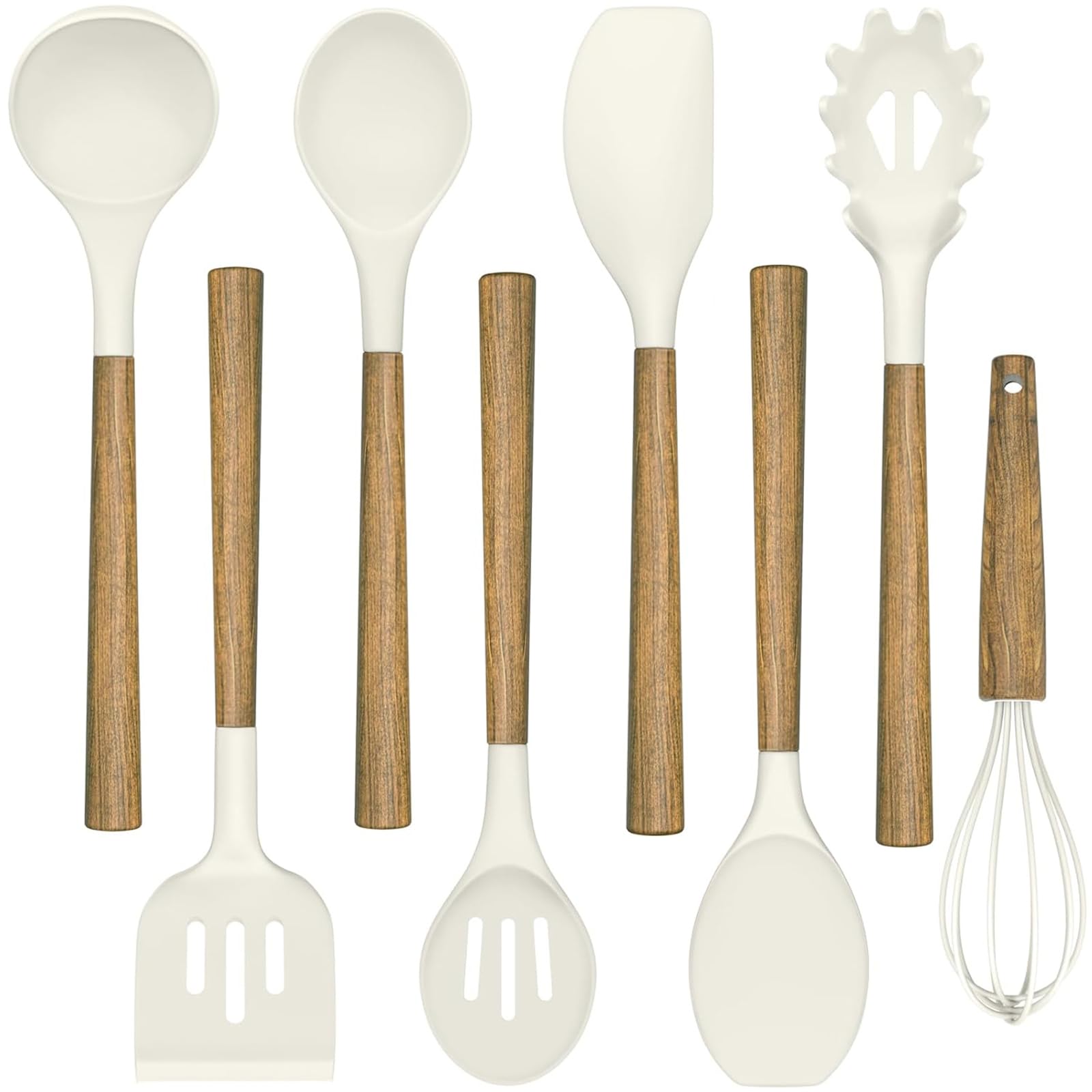Umite Chef Non-Stick Silicone Kitchen Utensils Set with Natural Acacia Hard Wood Handle, 8 Pieces Kitchen Spatulas Set, White, BPA Free, Baking, Serving and Cooking Utensils