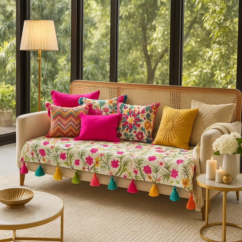Neutral Floral Large 3-Seater Sofa Cover with Tassels|Seat & Back 3-Seater Sofacover |Sofa Throw for Large Three-Seater Couch|Boho Couch Covers for Sofa Cum Bed|Antislip Machine Washable Diwali Decor-image-19