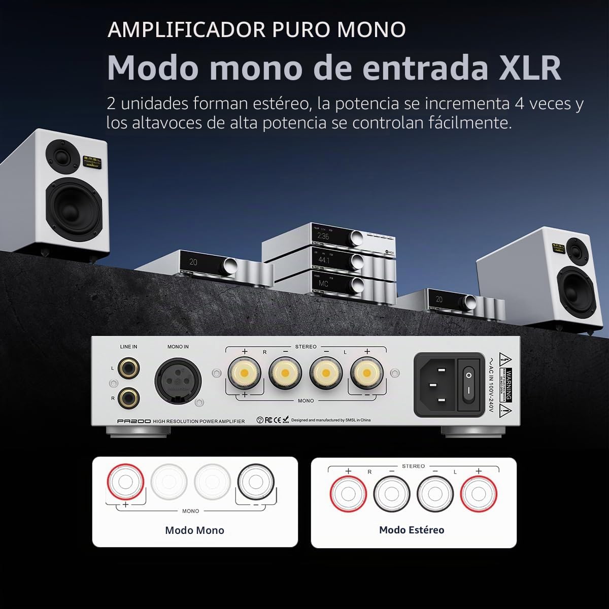 SMSL PA200 Amplificador de potencia Modo mono para entradas XLR Entradas RCA Modo de paso trasero puro estéreo Chip PGA2311 Controla fácilmente altavoces de alta potencia