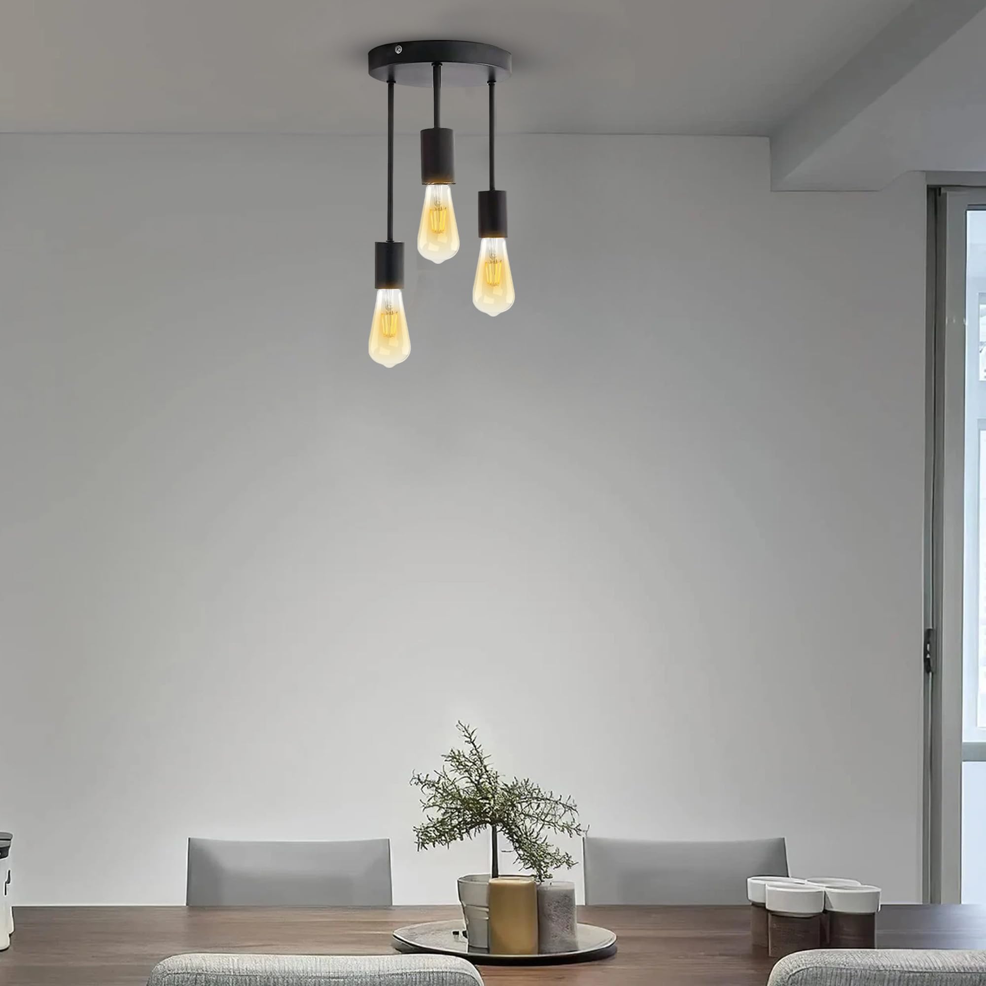 MSC Industrial 3 Pendant Ceiling Light - Includes 3 LED Bulbs – Modern Black Hanging Ceiling Lights with E27 Base, Vintage Multi-Level Lamp Holders for Living Room, Bedroom, Kitchen, Hallway