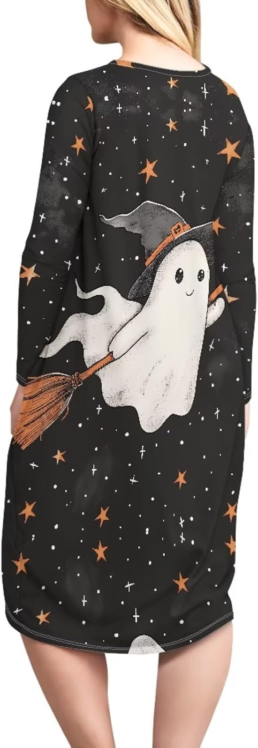 Loungewear for Women Loose Sleep Dress Soft Comfy Women's Nightgowns with Pockets Knee Length Halloween Pajamas