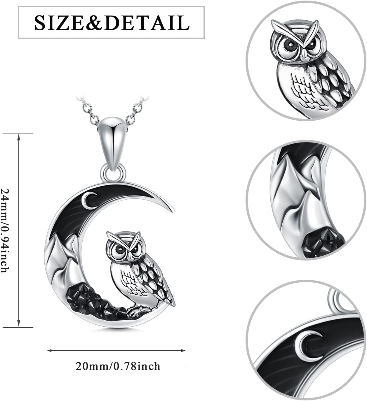 Gothic Jewelry Bat/Cat/Wolf/Dragon/Owl/Fox/Spider/Sun Pendant Sterling Silver Crescent Moon Necklace for Women Black Jewelry Gifts