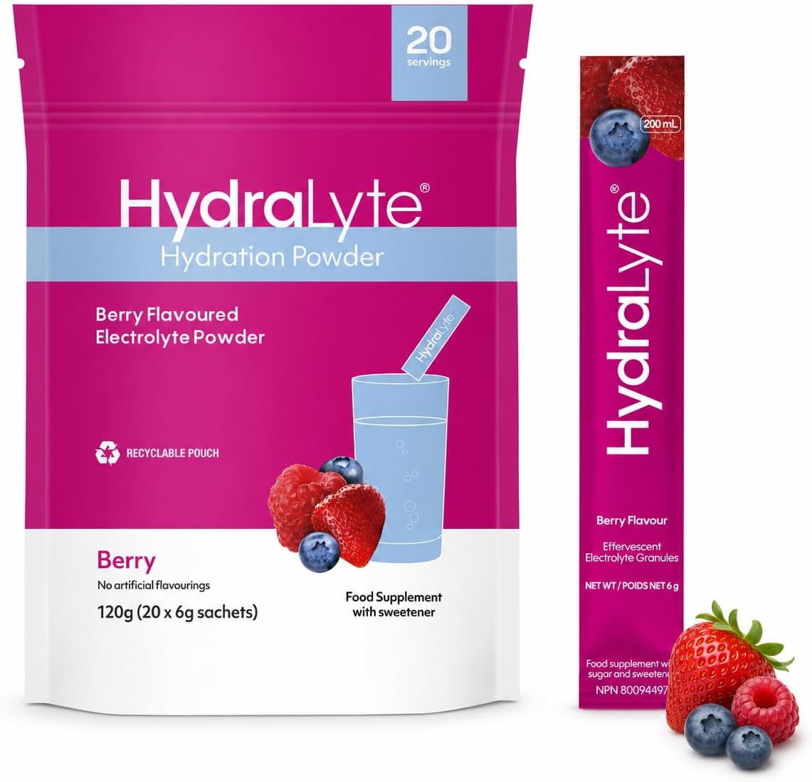 Effervescent Electrolytes Powder Sachets - 20 Flavoured Sticks - Rapid Rehydration - Prevent Dehydration - Achieve Optimal Hydration (20 Sachets, Berry)