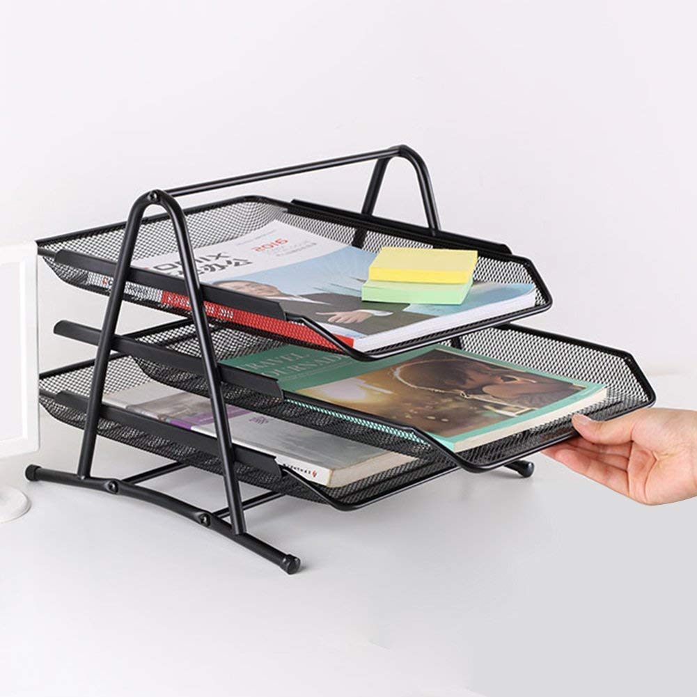 TULMAN 3 Tier Metal Mesh Desk Organizer for Office Table Document Organiser Files Holder – Black (35 x 30 x 27 cm)