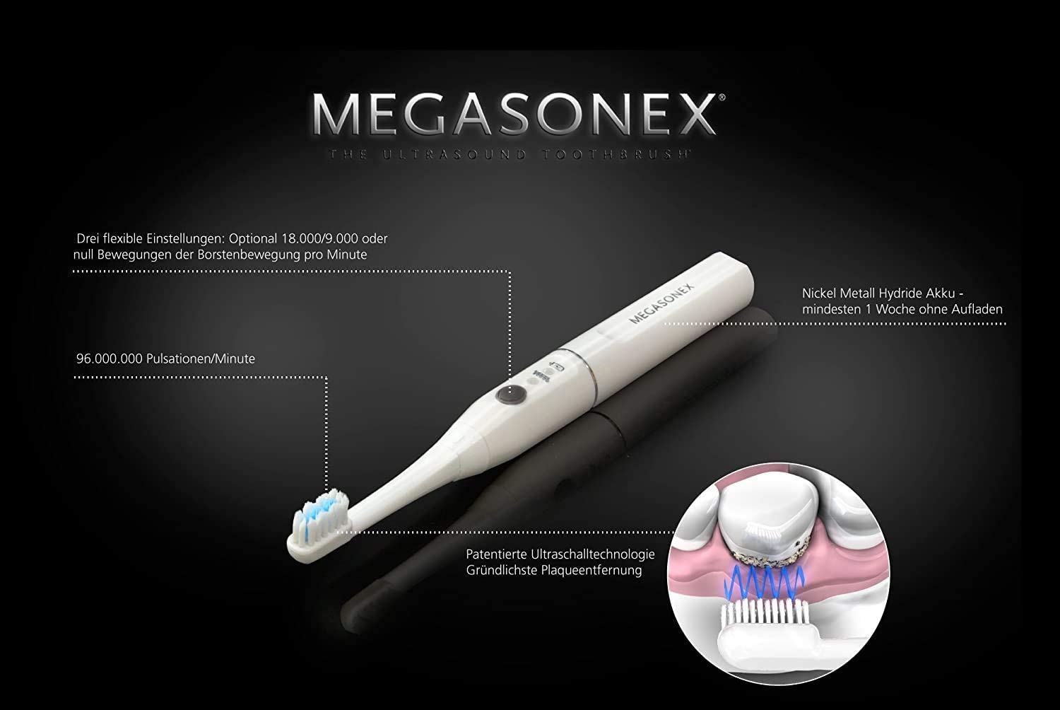 MEGASONEX Ultraschall-Zahnbürste M8 Set - Mit 2 Vibrations-Stufen - zusätzlich inkl. 4x Bürstenköpfe Soft