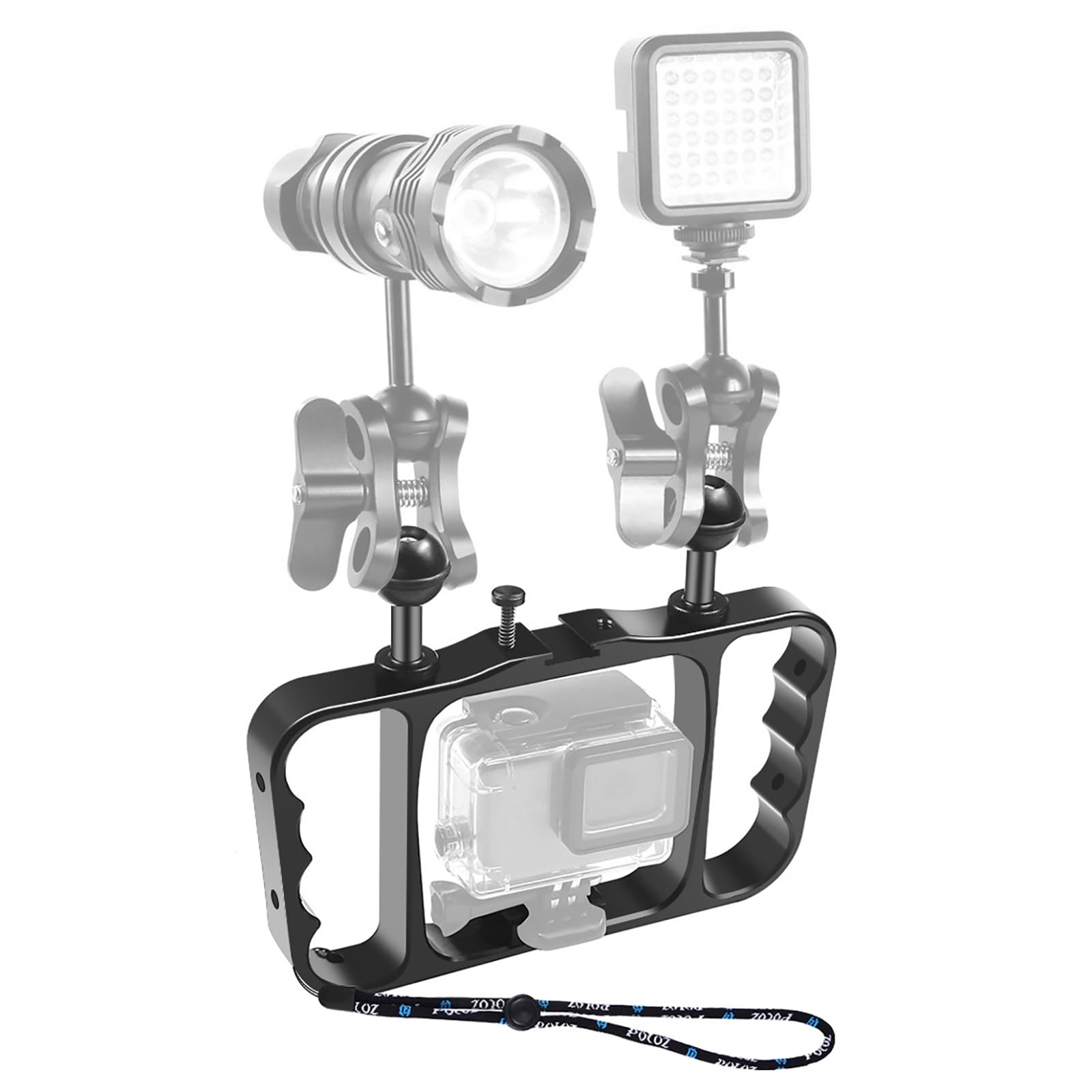 Ręczny stojak do fotografii nurkowej, aluminiowe podwójne ramię świetlne ze smyczą do obudowy kamery do nurkowania podwodnego i wsparcia GoPro