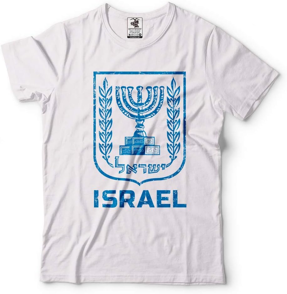 Silk Road Tees Israel T-Shirt Israeli Flag Coat of arms Mens Shirt - White - XL