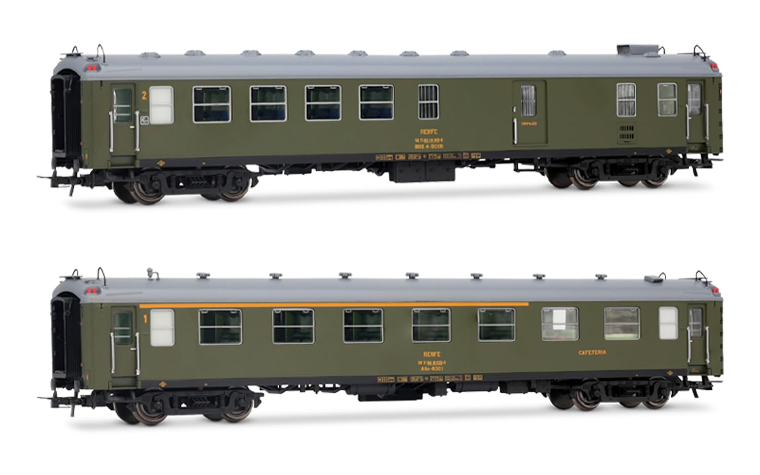 Electrotren HE4037 RENFE, 2-unit set 5000 coaches, BBD4 baggage + AAR bar, old bellows, olive green livery, ep. IV