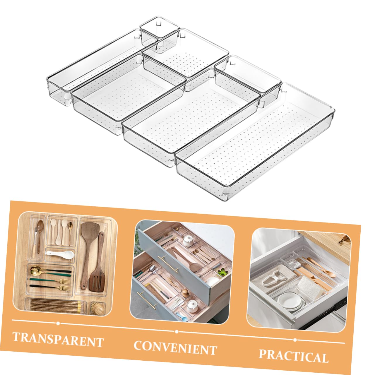 Organiseur de Tiroir Transparent Pet, Lot de 1 Set de Multi-tailles