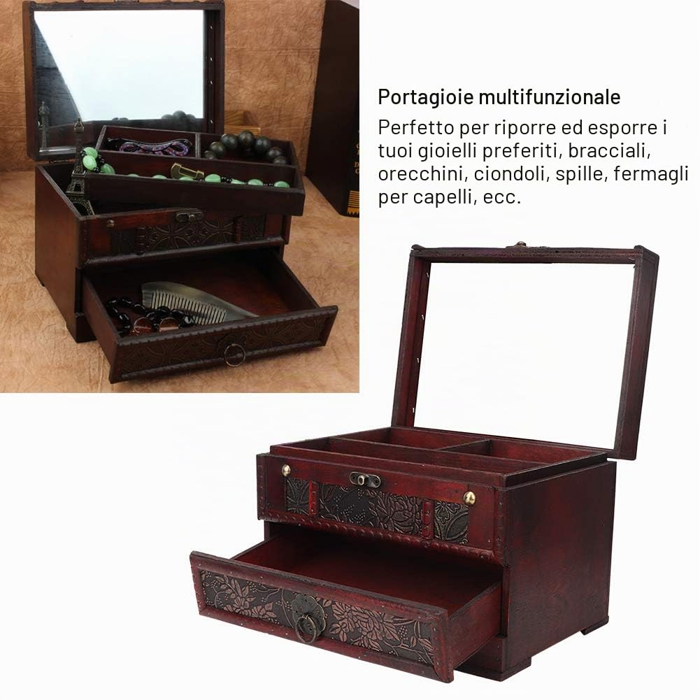Portagioie in Legno, Doppio Strato Portagioie Vintage Scatola di Gioielli Set con Specchio per Regalo per Ragazze e Donne