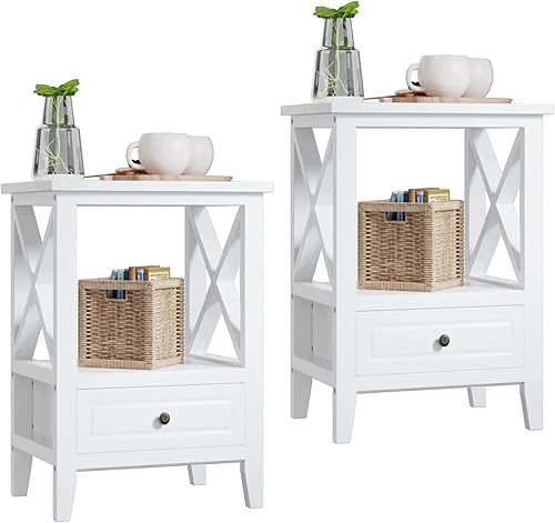 Miniatura 1 de Catrimown Juego de 2 mesitas de noche blancas con cajón y estante de almacenamiento, juego de 2 mesitas de noche blancas con laterales en forma de