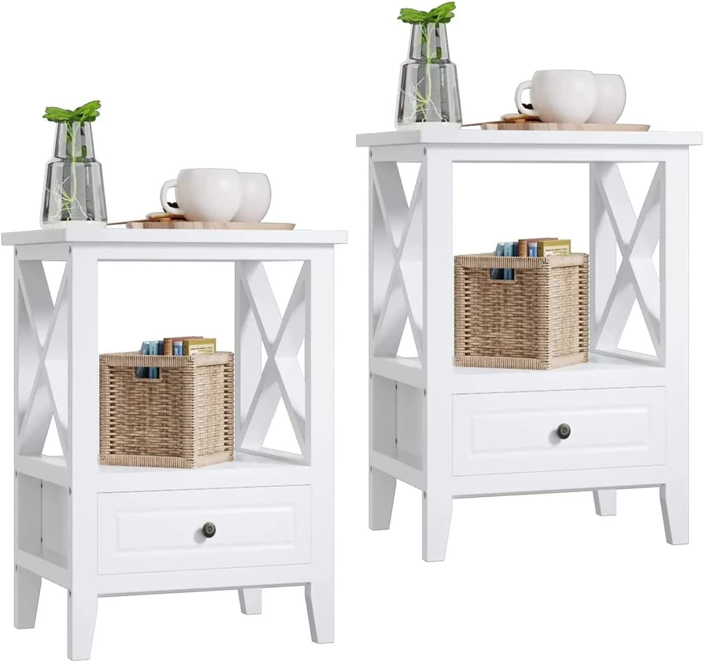 Catrimown White Nightstands Set of 2 End Table with Drawer and Storage Shelf, End Table Set of 2 White Nightstand Bedside Table with X-Shape Sides Nightstand End Table for Bedroom Living Room, White