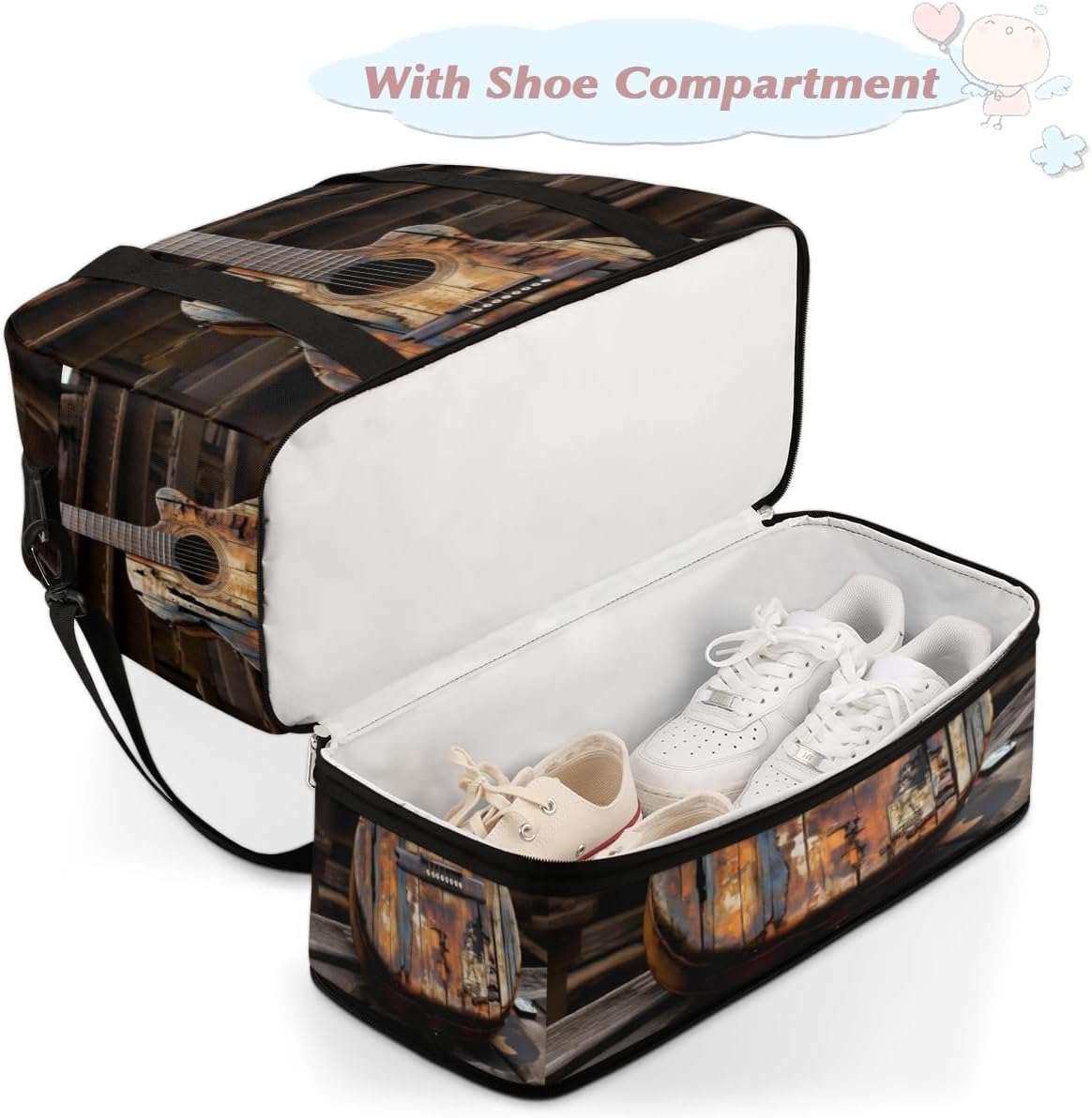 QsirBC Guitars Theme Pattern Gym Bag for Women Duffle Tote with Shoes Compartment Men Weekender Duffel for Dance Travel Sports Swimming Overnight