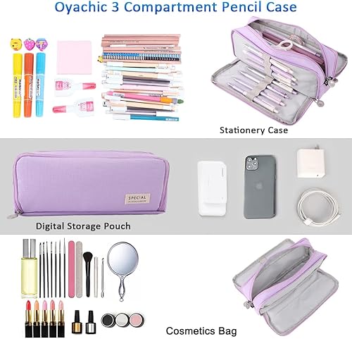 Miniatura 6 de Oyachic Estuche para lápices de 3 compartimentos de gran capacidad, bolsa de almacenamiento Oxford, estuche de maquillaje cosmético para hombres,
