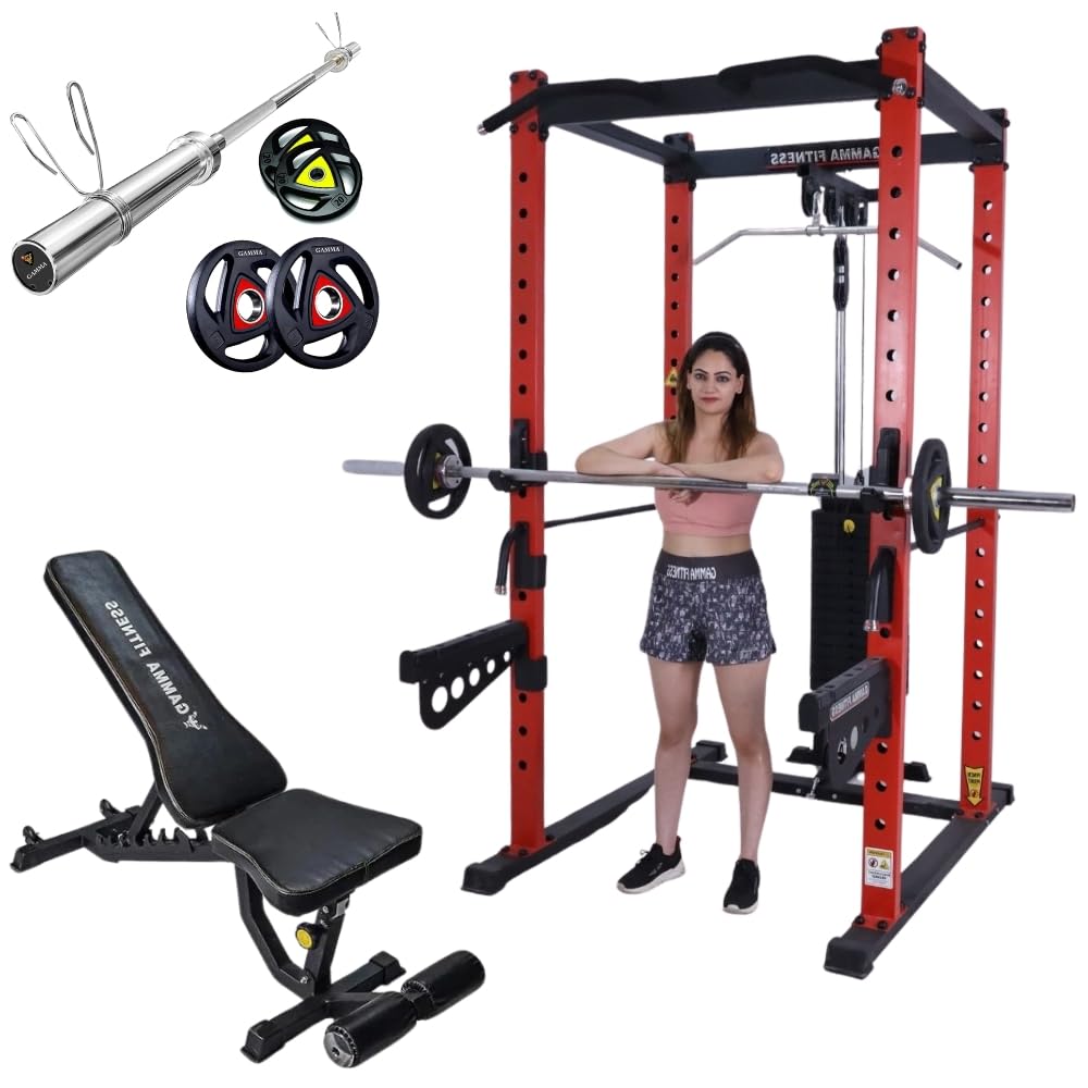 Gamma Fitness Power Squat Rack PR-40 Package with Adjustable Gym Bench AB- 201, Olympic Rubber Coated Plates and 7 Feet Olympic Rod for Professional Home Gym Setup Machine PRC-40 (80 Kg Combo)