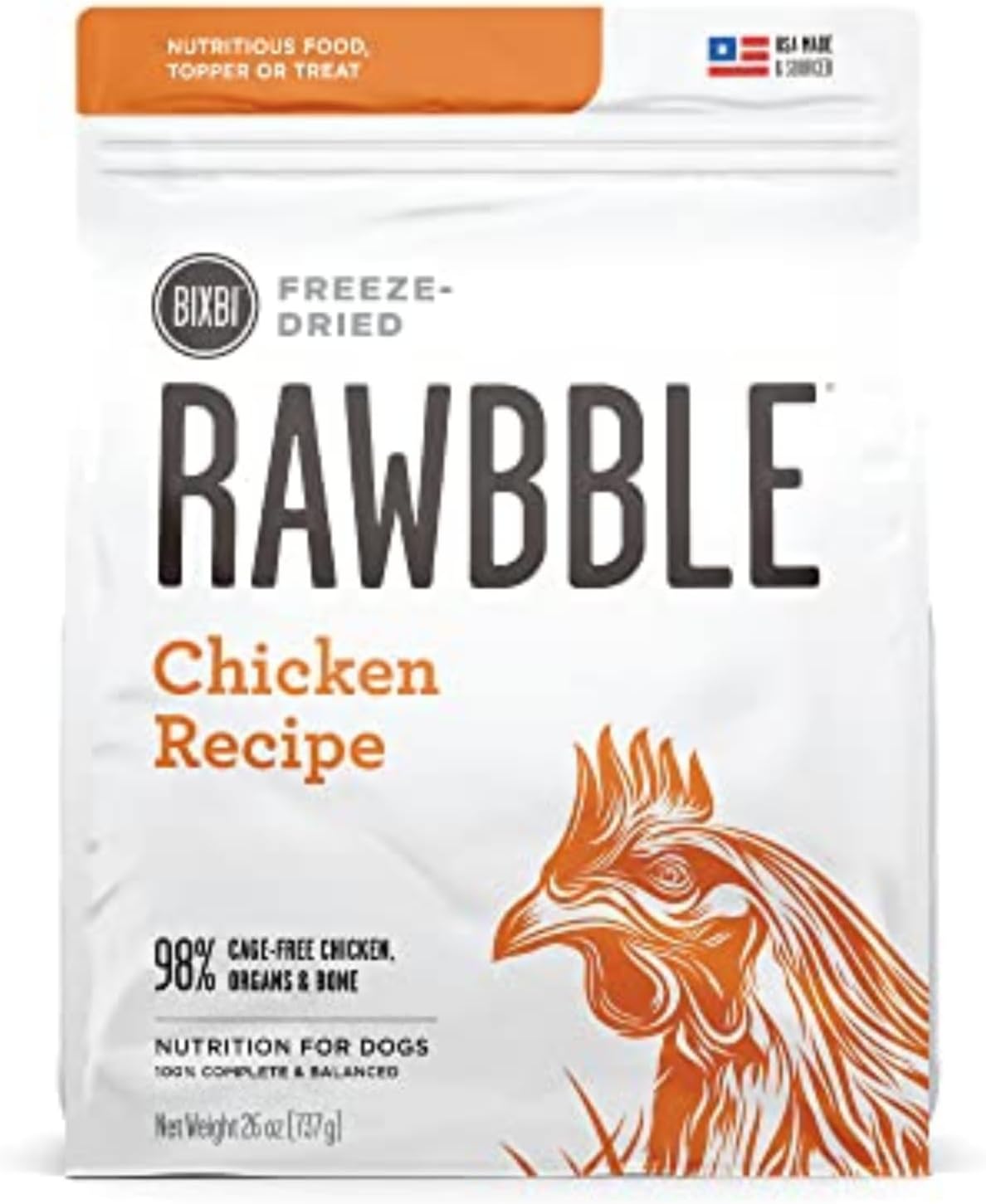 BIXBI Liberty Freeze-Dried Dog Food Topper & Treats, Chicken – 98% Meat & Organs, No Refrigeration – USA Made, 26 oz