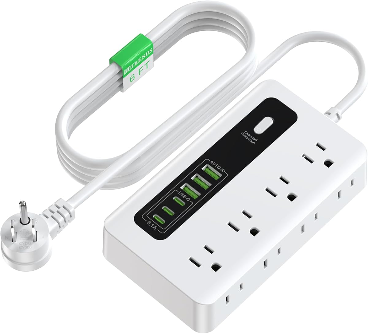 Power Strip with USB, HITRENDS 6 Ft Surge Protector Flat Plug Extension Cord with 8 Outlets 3 USB Ports & 3 Type-C Port (5V/3A), Outlet Extender for Home Office, White