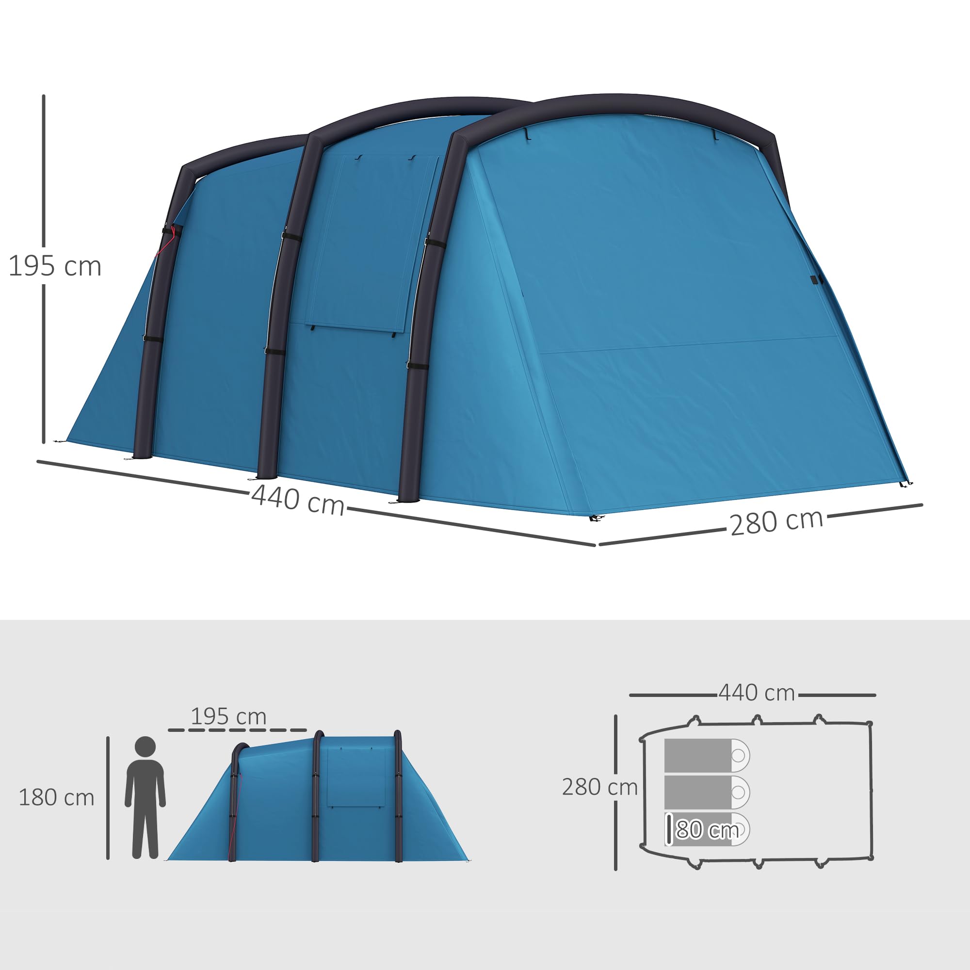 Outsunny Tenda da campeggio gonfiabile per famiglie, tipo Tunnel per 3-6 persone, tenda da campeggio glamping con lobby, finestre in rete e borsa per il trasporto, protezione UV 50+ impermeabile