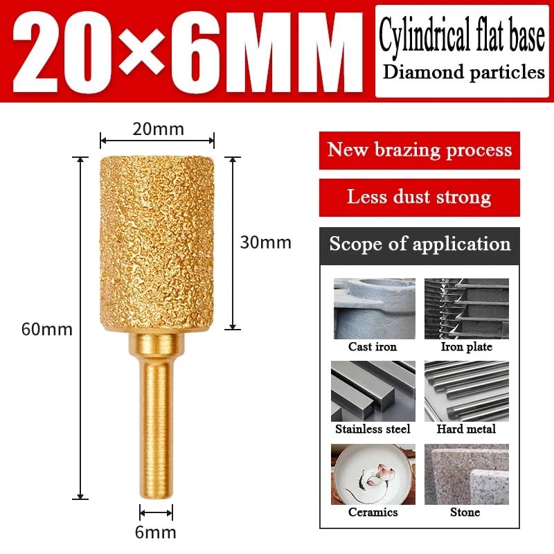 MiJunHD Diamond Brazed Grinding Head 20mm Cylinder Type,6mm Round Handle Coarse Grit Polish Burr Drill Bit for Wood Stone Carving Metal Sanding - Image 2
