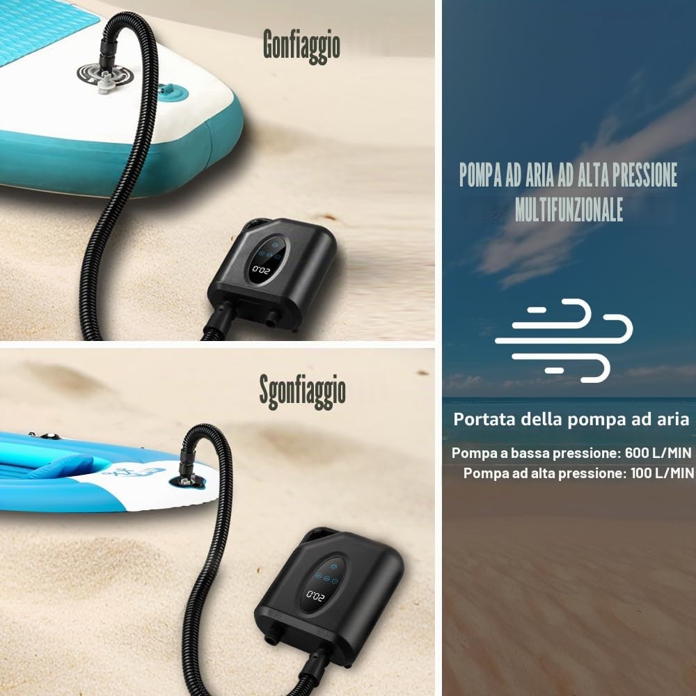 Pompa Elettrica SUP da 12000 mAh, 20 PSI Senza Fili Portatile, Gonfiaggio/Sgonfiaggio a due Livelli,Funzione di Spegnimento Automatico, Adatta per Kayak, Materasso/Sport Acquatici