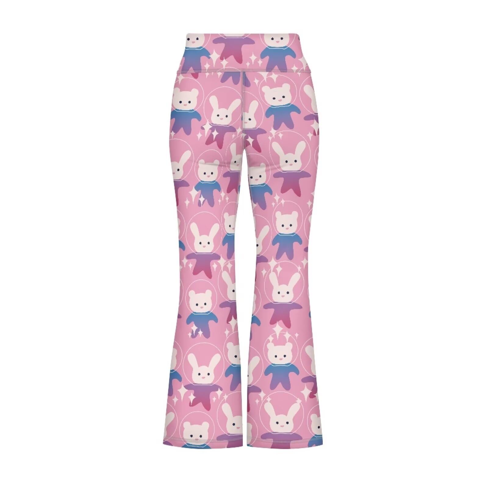 Hawapod Bell Bottoms for Girls Pink Bunny Pattern Flare High Waisted Tummy Control Bell Bottom Pants