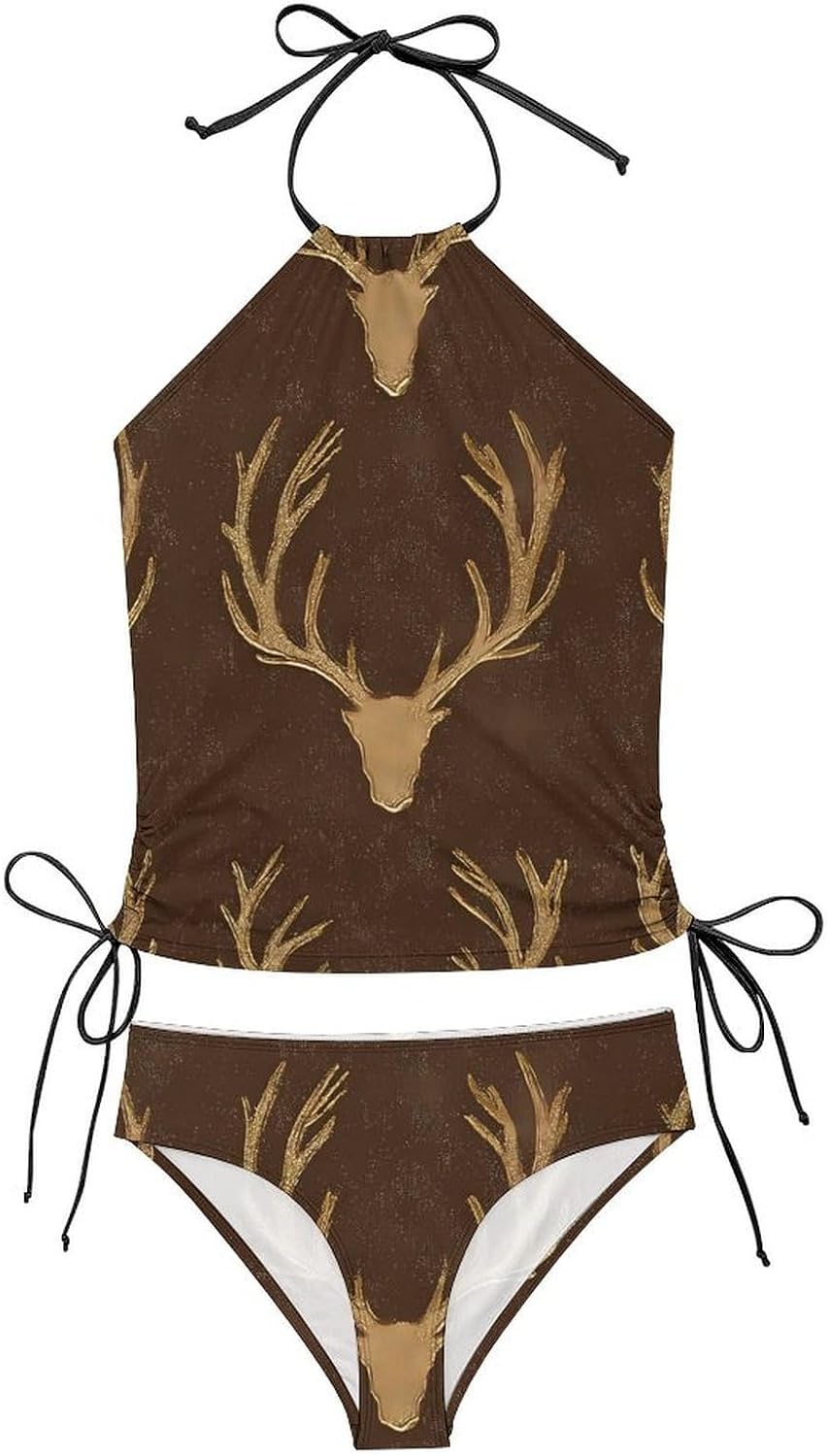 Hunting Deer Head Women Tankini 2 Piece Swim Bathing Suits | tummy control,high neck top with bottom,swimwear,swimsuits